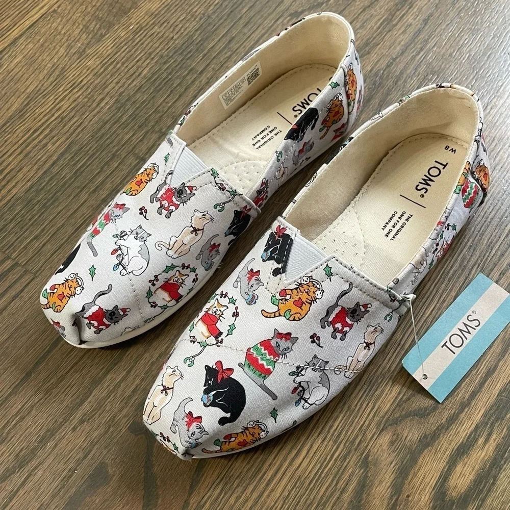 New TOMS Women’s Belmont Holiday Cats Print Ortholite Flats Shoe in Light Gray 8